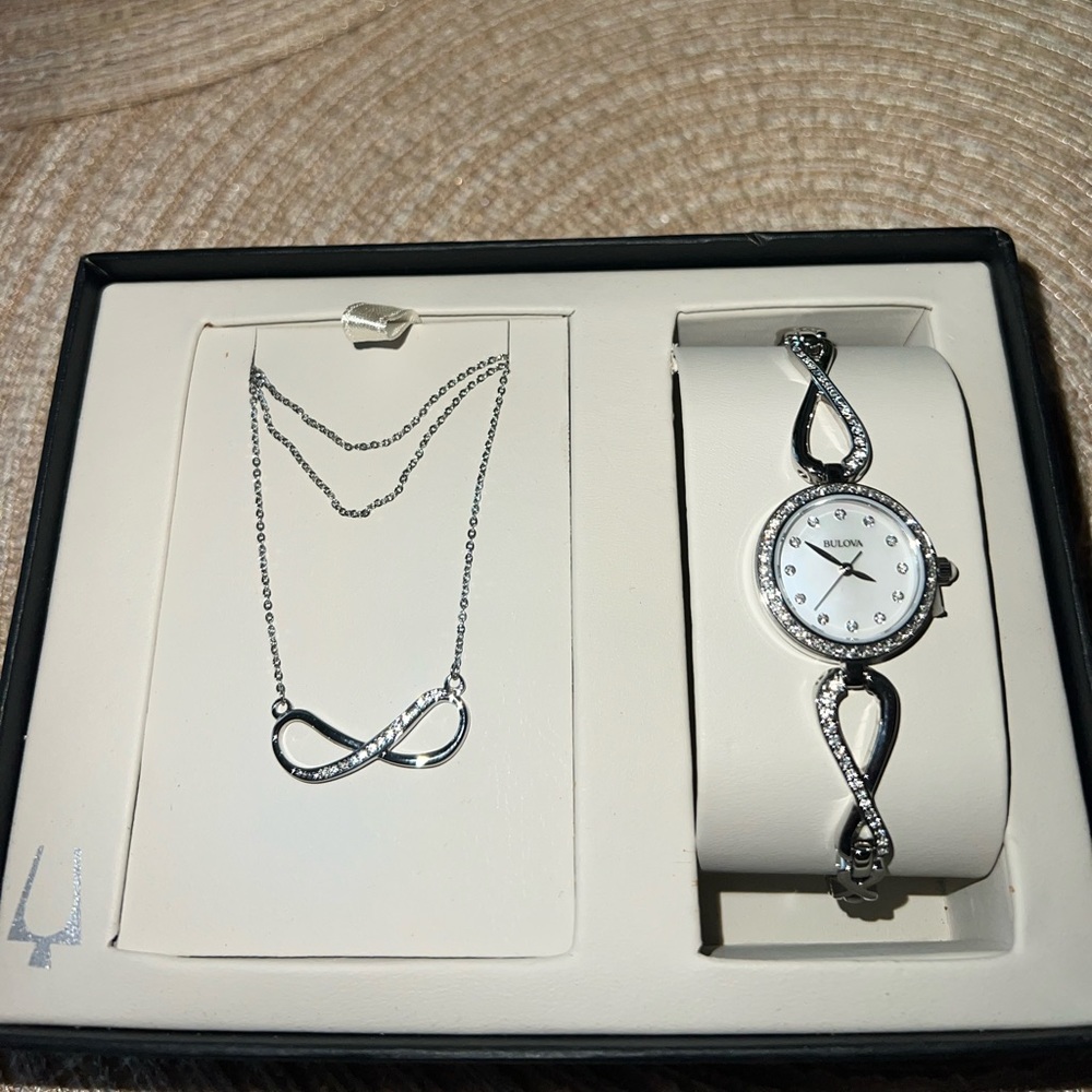 Bulova Matching Infinity Watch & Necklace (Silver)